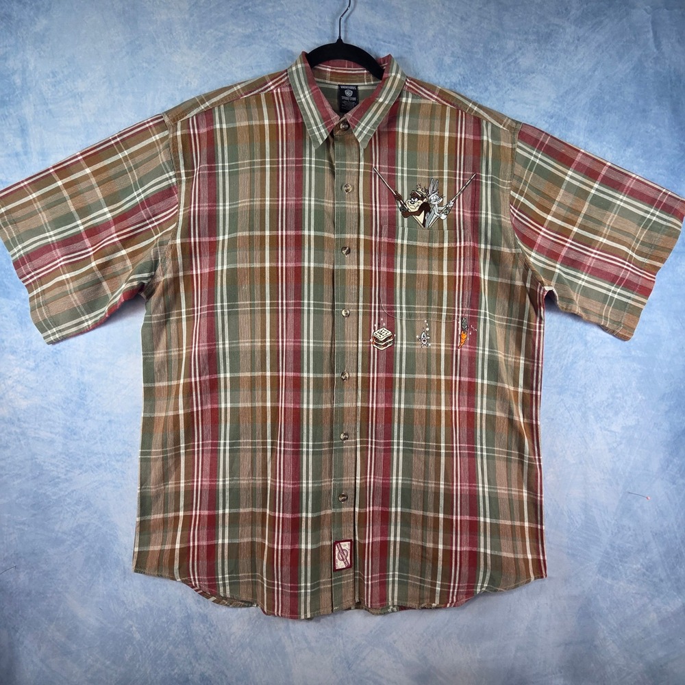 Vintage Warner Bros‎ Studio Store Looney Tunes Bugs Taz Plaid Shirt Mens L 1997